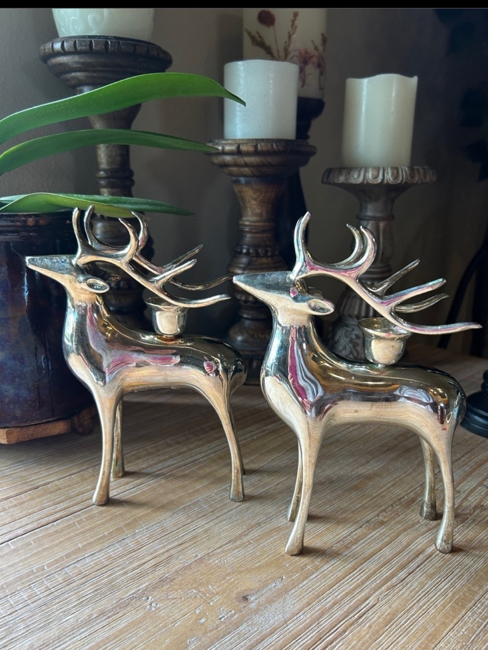 Silver plate Pottery Barn Christmas Reindeer Taper Candle Holder Set Of 2 Heavy